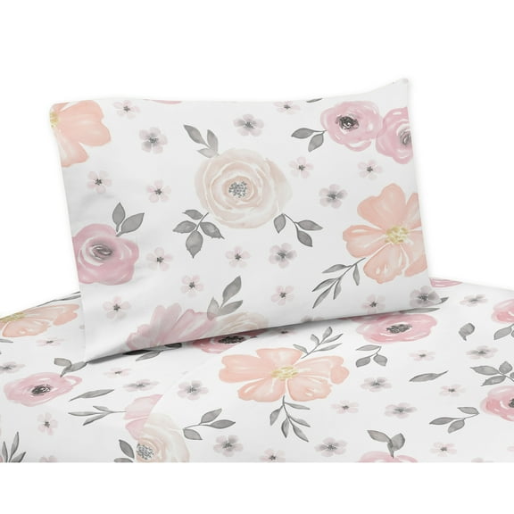 Sweet Jojo Designs Watercolor Floral Pink Grey and White 3 Piece Twin Size Sheet Set