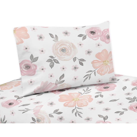 Sweet Jojo Designs Watercolor Floral Pink Grey and White 4 Piece Queen Size Sheet Set - 4 piece