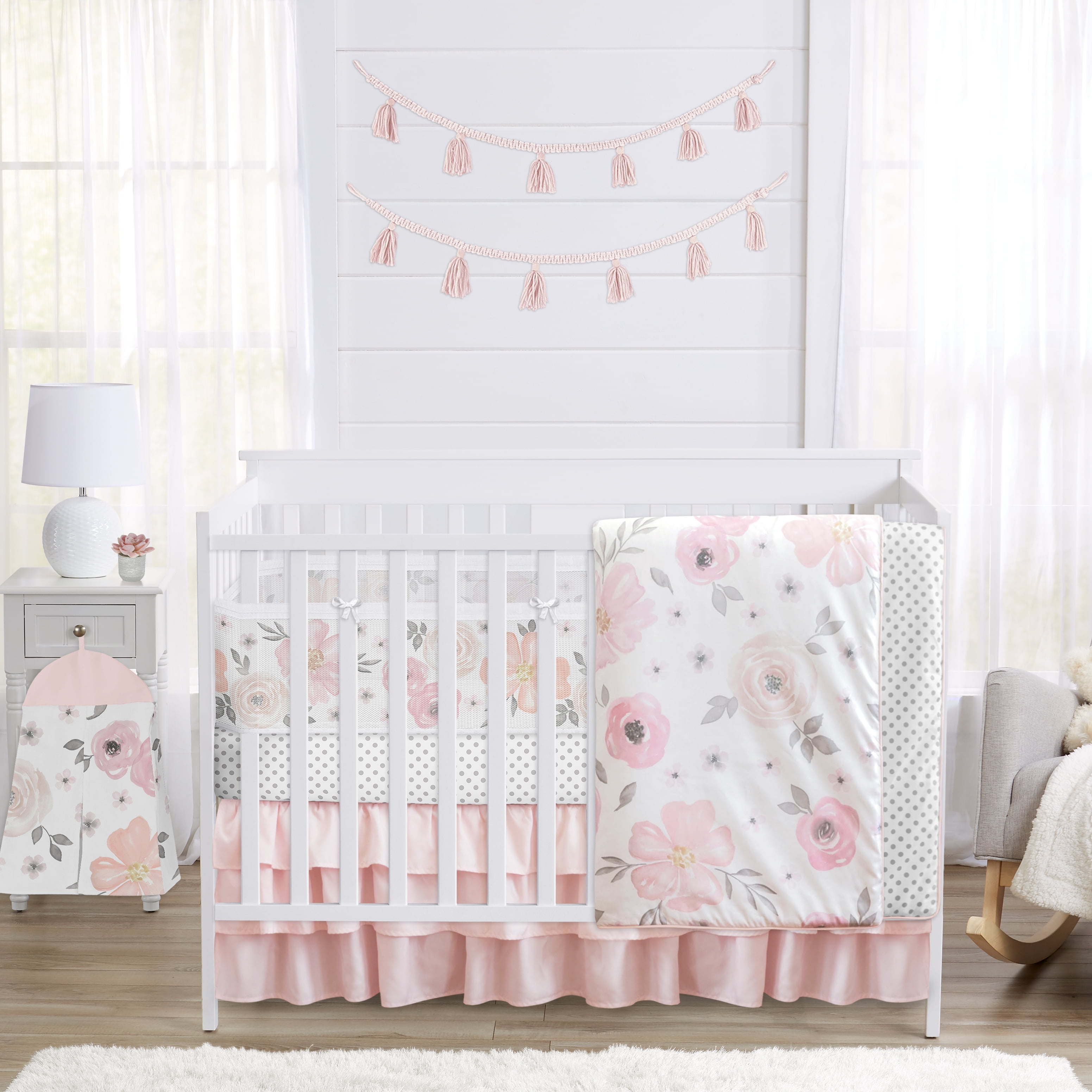 Sweet Jojo Designs Watercolor Floral Pink Grey and White Crib Bedding + BreathableBaby Breathable Mesh Liner Pad