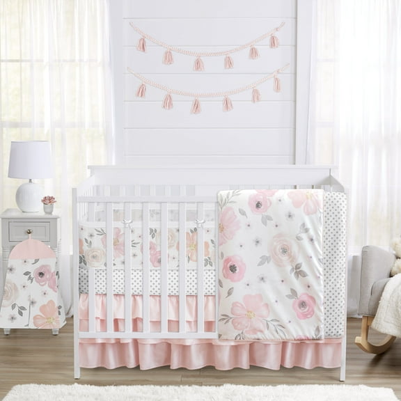 Sweet Jojo Designs Watercolor Floral Pink Grey and White Crib Bedding + BreathableBaby Breathable Mesh Liner Pad