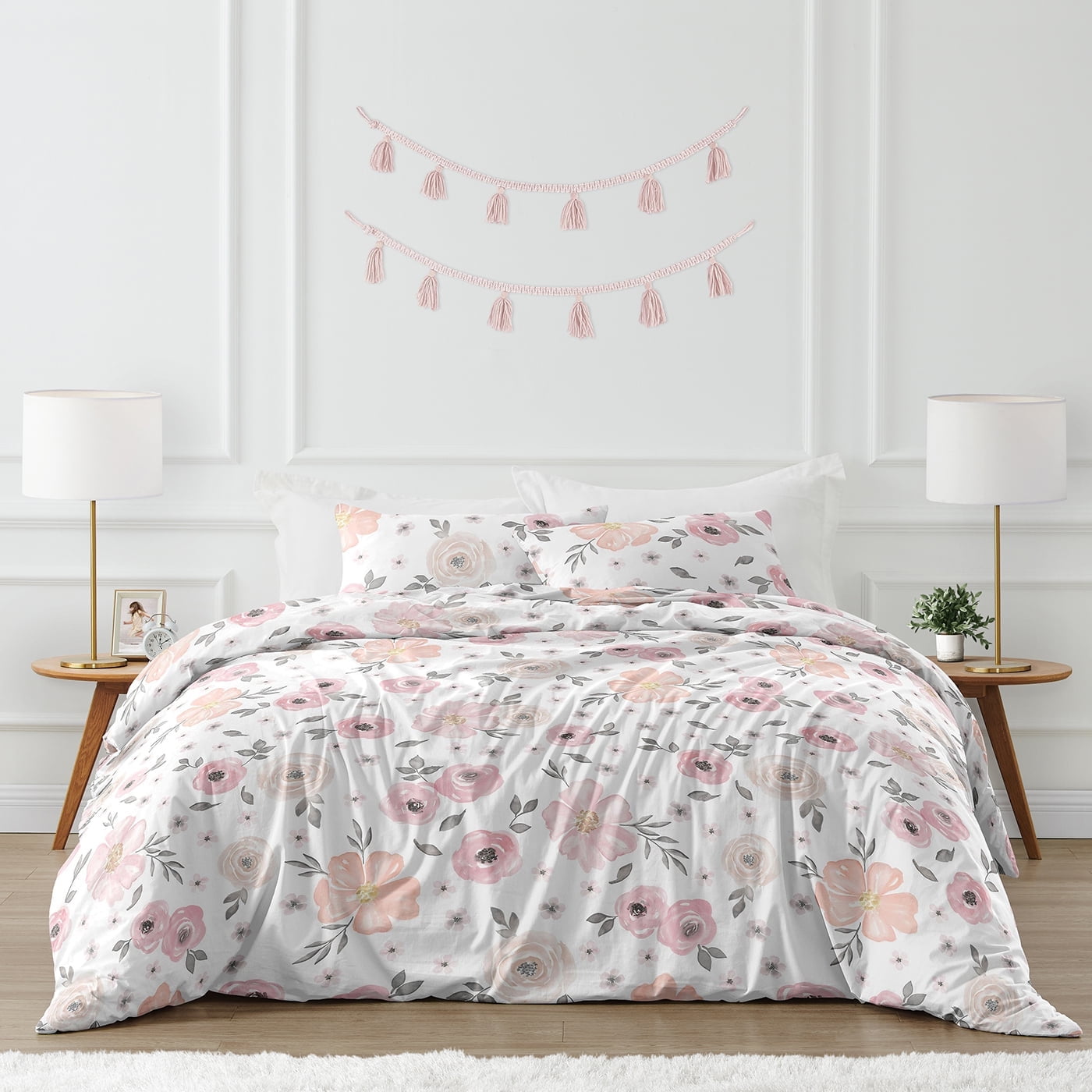 Blush Pink and Gray Floral Microfiber Full Comforter Set