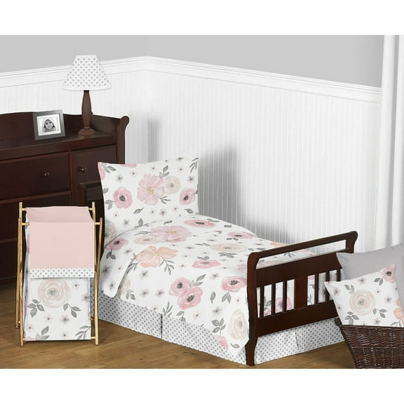 Sweet Jojo Designs Watercolor Floral Pink Grey and White Toddler Bed Comforter 5 Piece Bedding Set