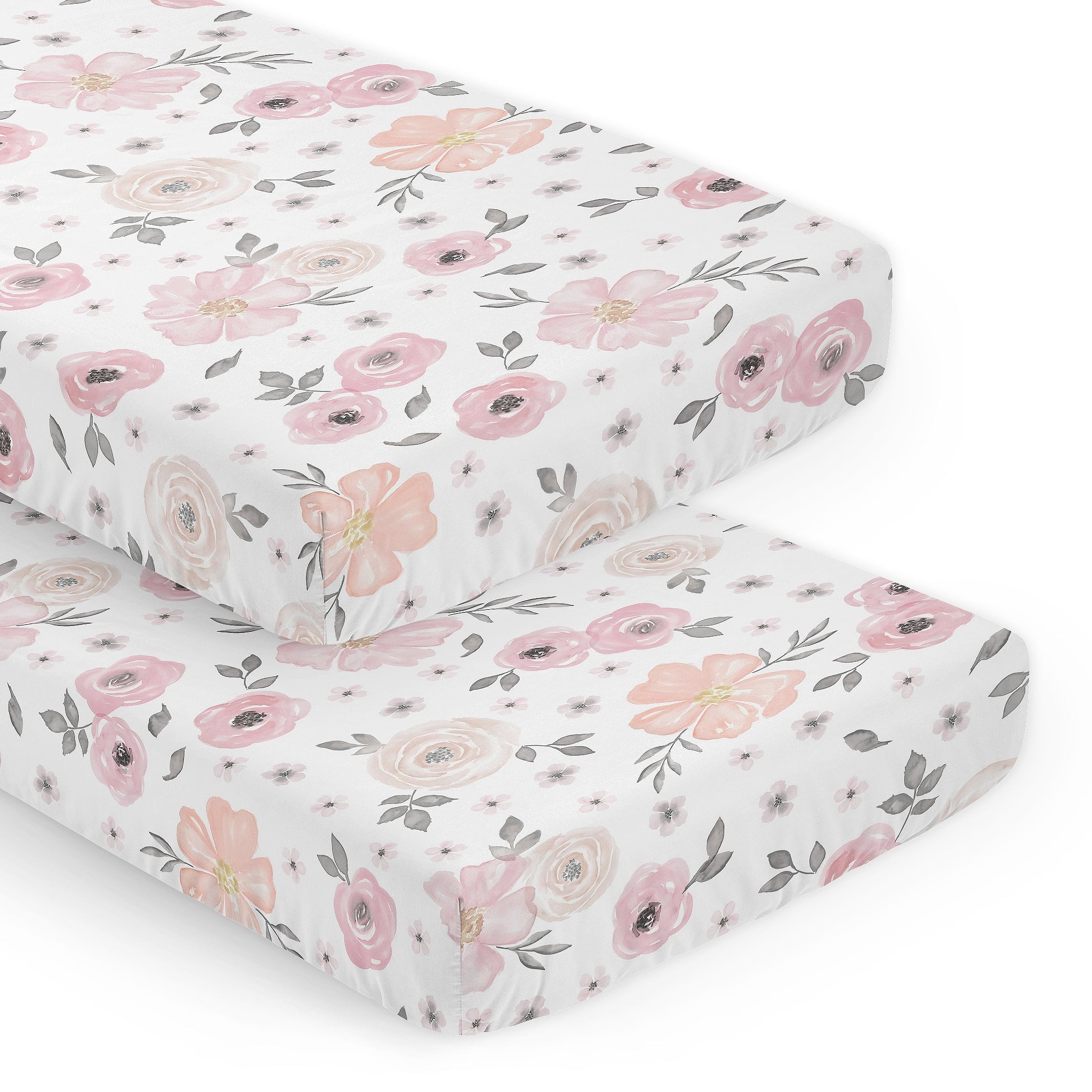 Sweet Jojo Designs Watercolor Floral Pink and Grey Fitted Crib Sheets 2 Piece Set