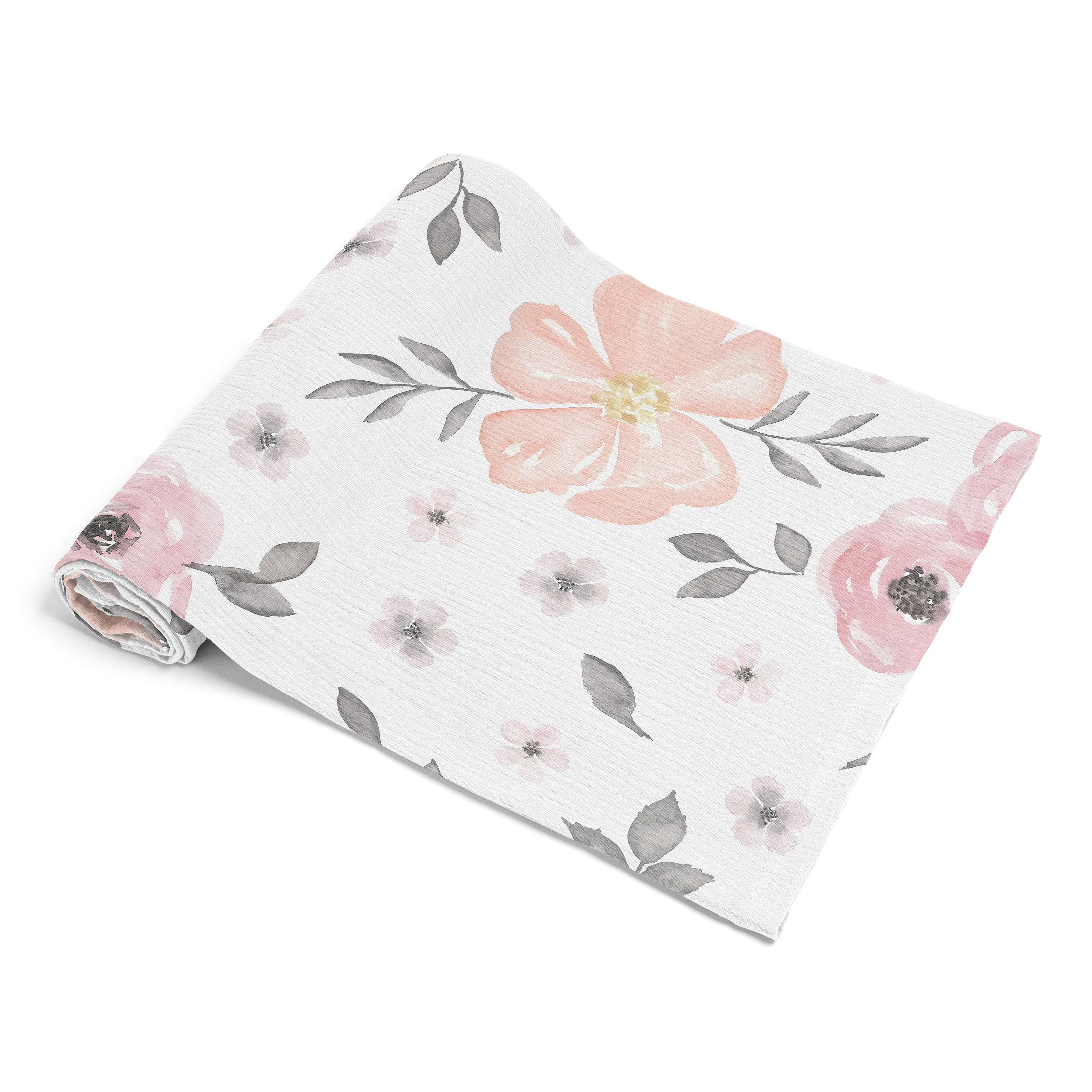 Sweet Jojo Designs Watercolor Floral Pink and Grey Girl 100% Cotton Muslin Baby Swaddle Receiving Blanket