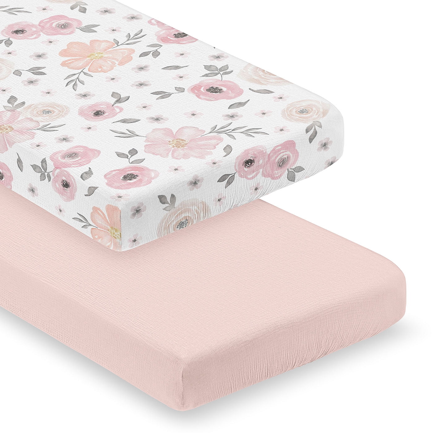 Sweet Jojo Designs Watercolor Floral Pink and Grey Girl 100% Cotton Muslin Fitted Crib Sheets Set 2 Piece