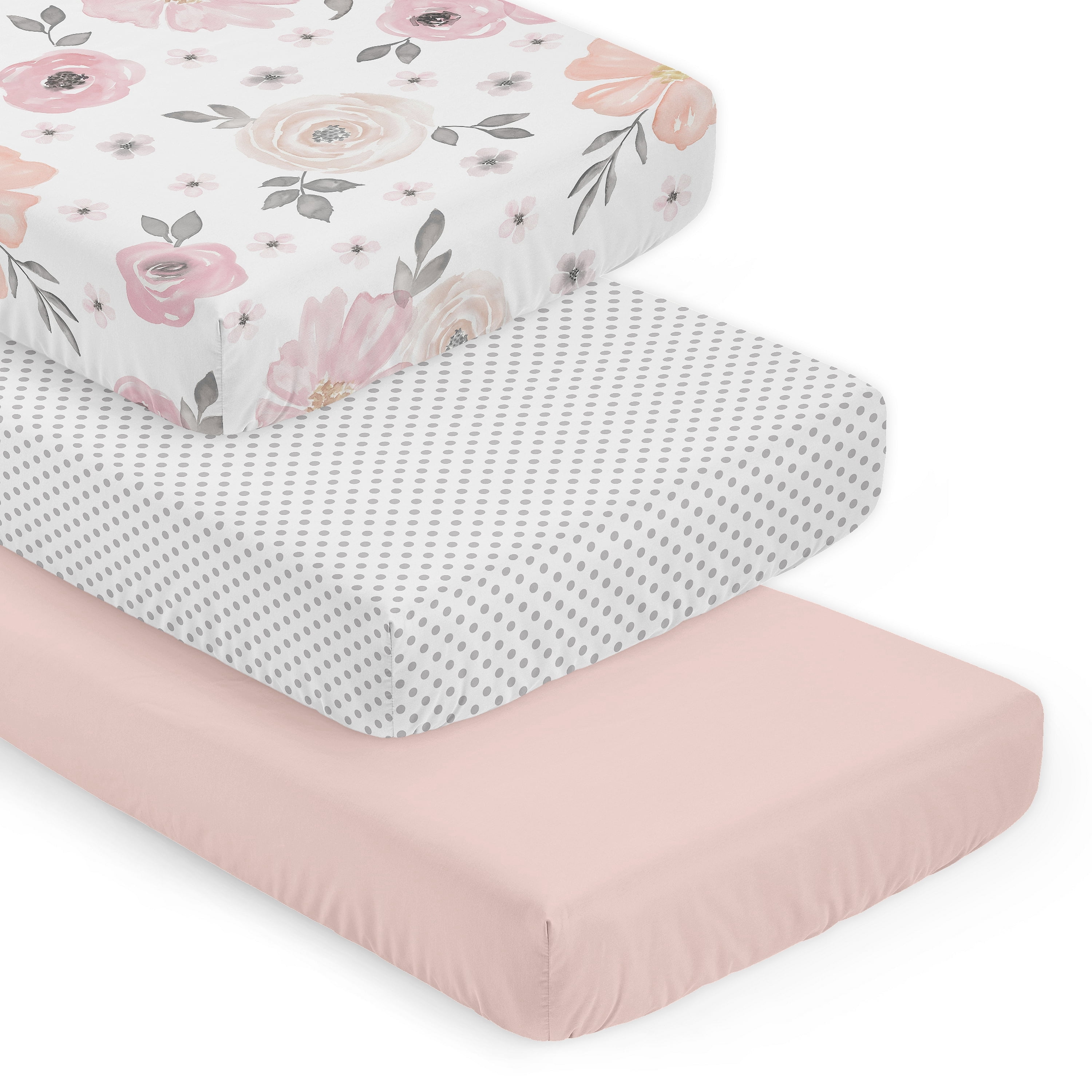Sweet Jojo Designs Watercolor Floral Pink and Grey Girl Fitted Crib Sheets Set 3 Piece