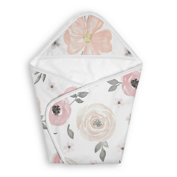 Sweet Jojo Designs Watercolor Floral Pink and Grey Girl Hooded Baby Towels - Toddler Bath Towel