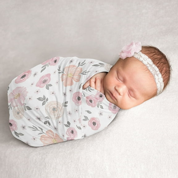 Sweet Jojo Designs Watercolor Floral Pink and Grey Swaddle Blanket