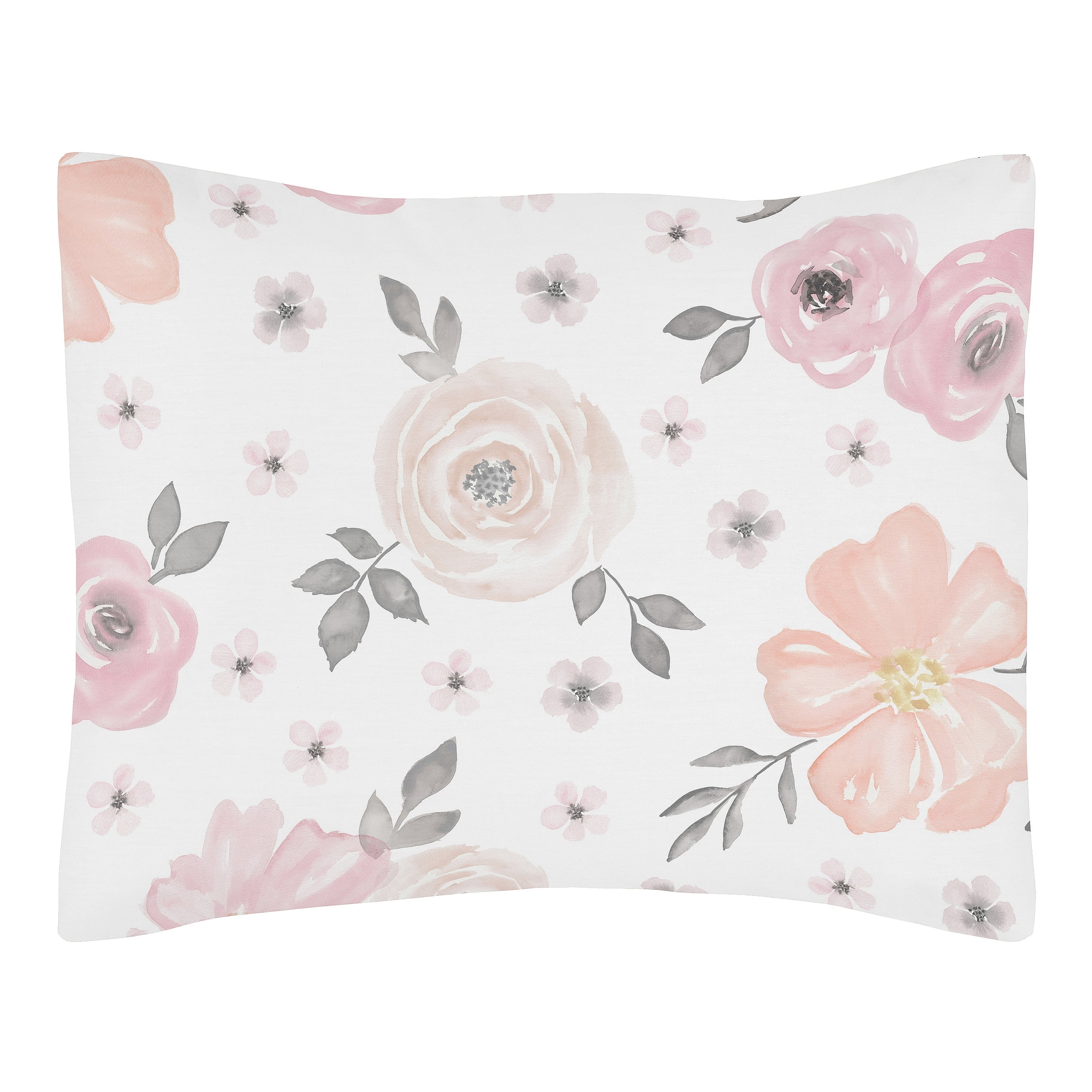 Standard Pink and Grey Watercolor Floral Polyester Pillow Sham