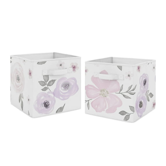 Sweet Jojo Designs Watercolor Floral Purple Grey and Pink Fabric Storage Bins 2 Piece Set