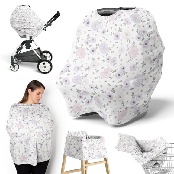 Sweet Jojo Designs Watercolor Floral Purple Grey and Pink Multi Use Baby Car Seat and Nursing Cover