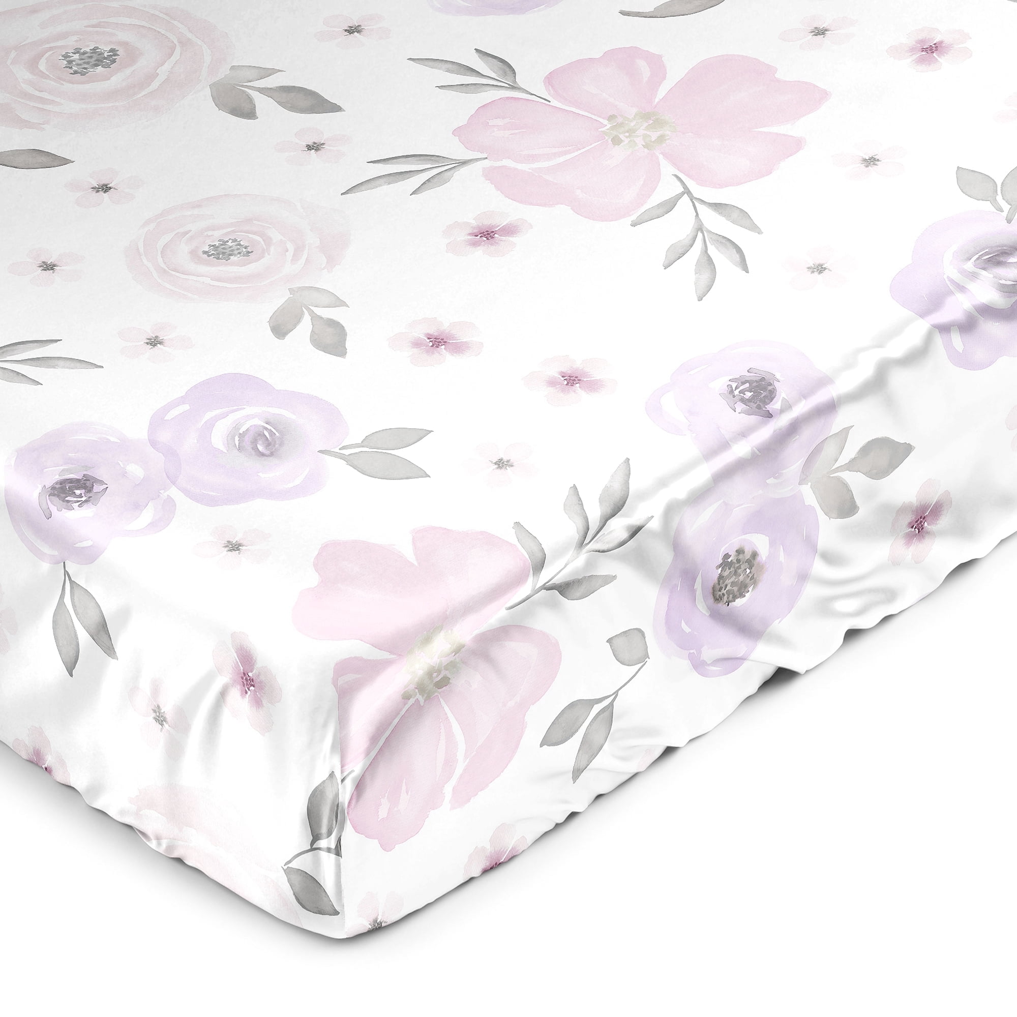 Sweet Jojo Designs Watercolor Floral Purple Grey and Pink Satin Fitted Crib Sheet