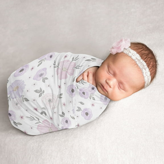 Sweet Jojo Designs Watercolor Floral Purple Grey and Pink Swaddle Blanket
