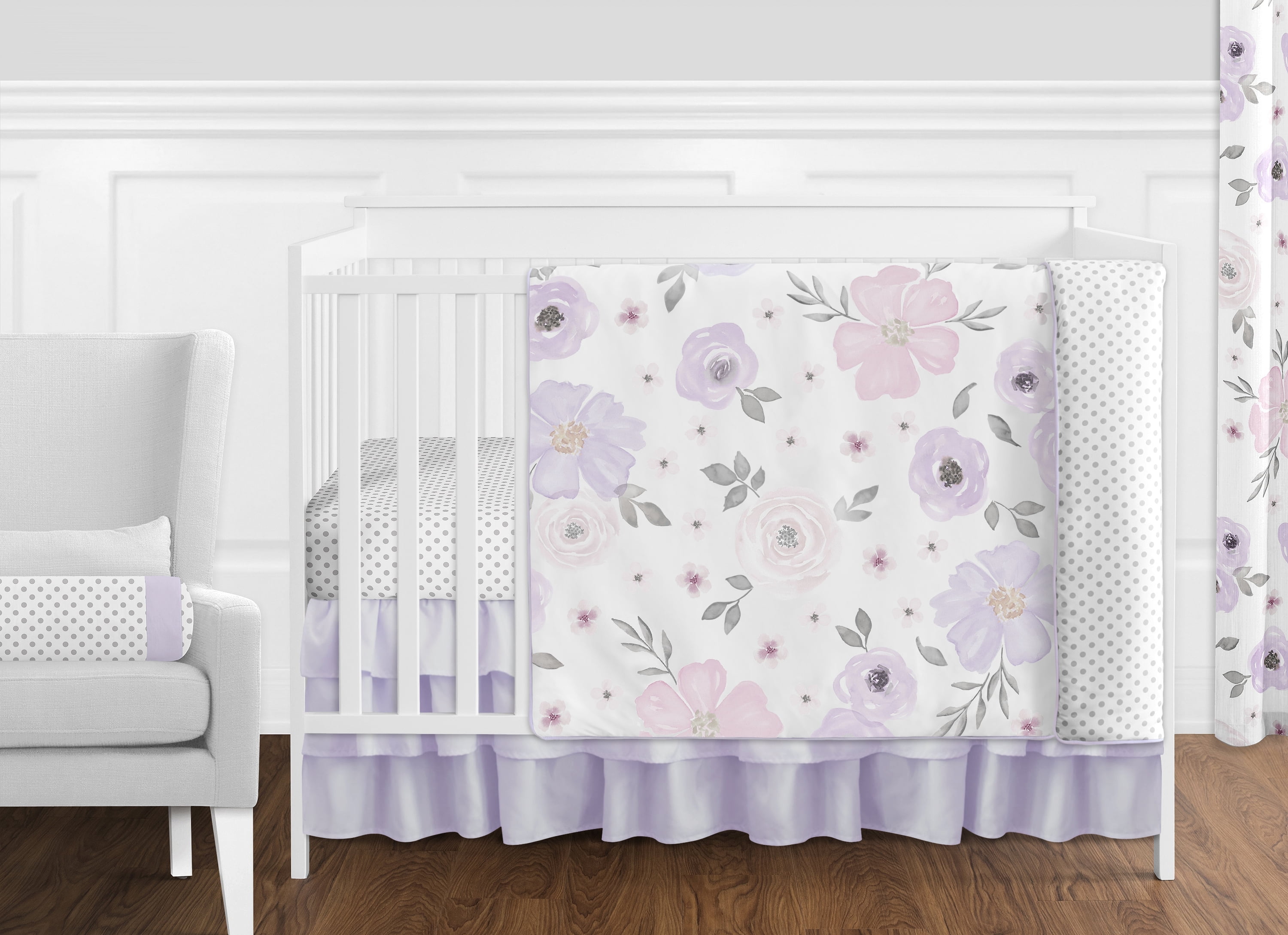 Sweet Jojo Designs Watercolor Floral Purple Pink and Grey 11 Piece Crib Bedding Set