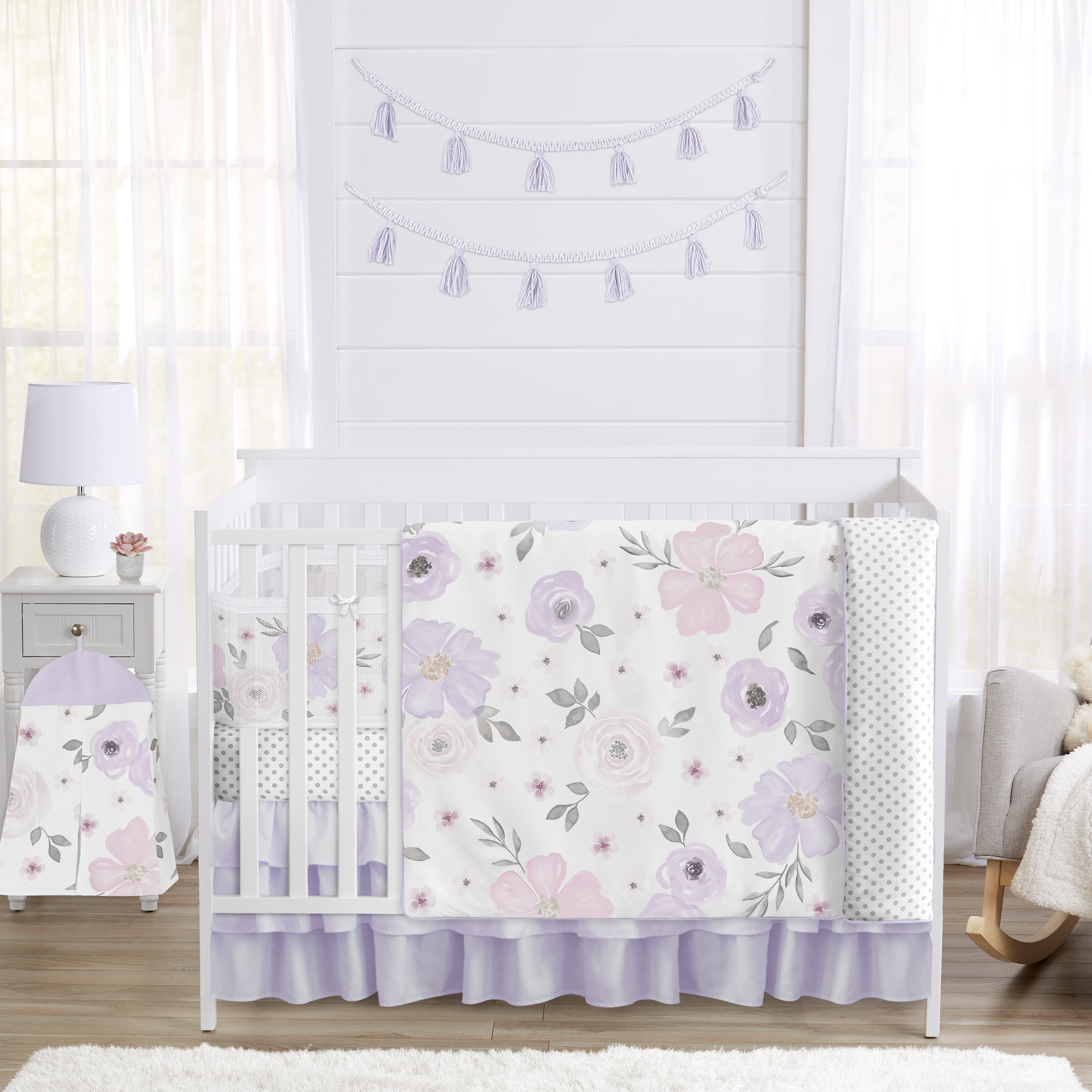 Sweet Jojo Designs Watercolor Floral Purple Pink and Grey Crib Bedding + BreathableBaby Breathable Mesh Liner Pad