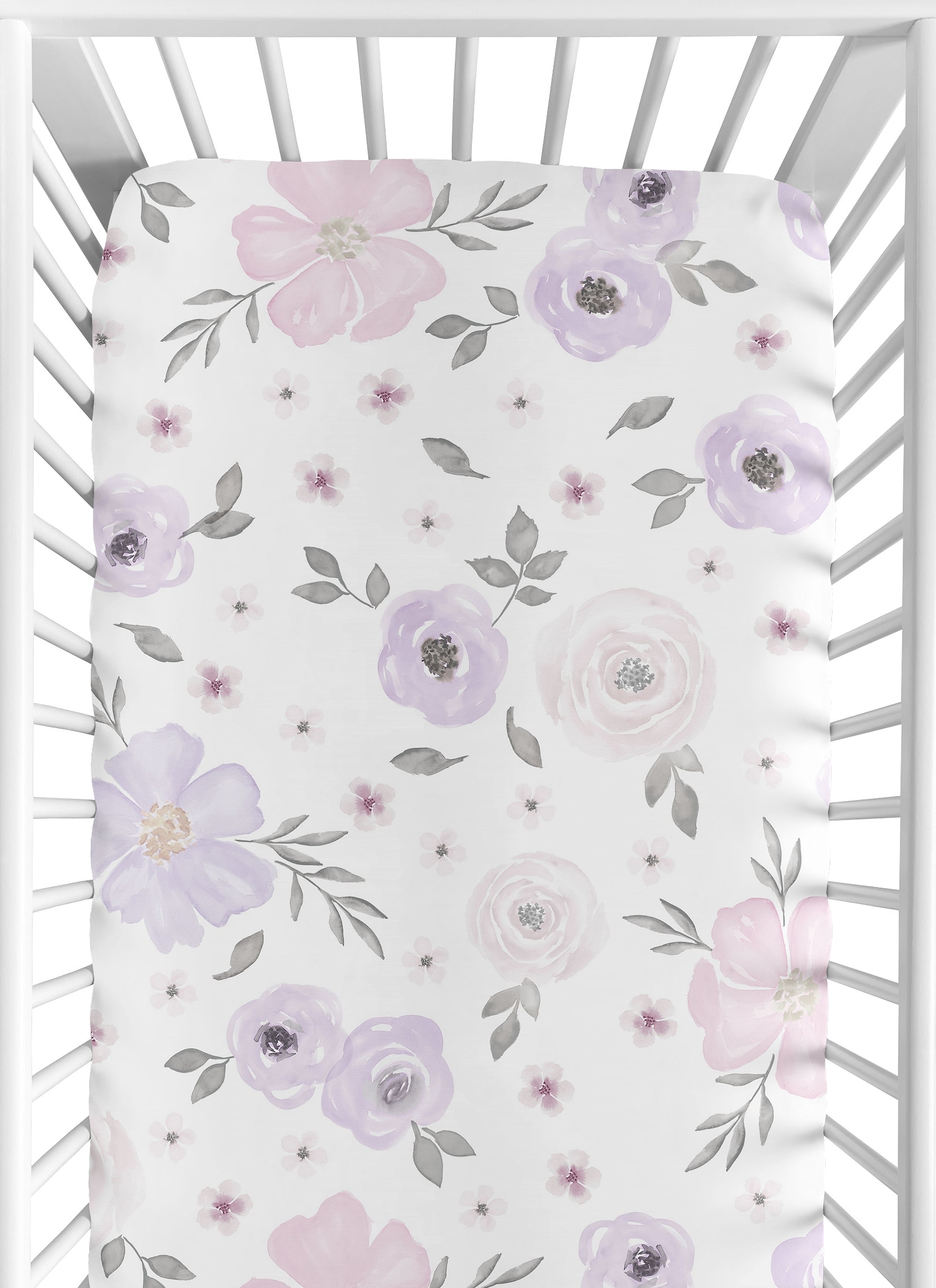 Sweet Jojo Designs Watercolor Floral Purple Pink and Grey Fitted Crib Sheet