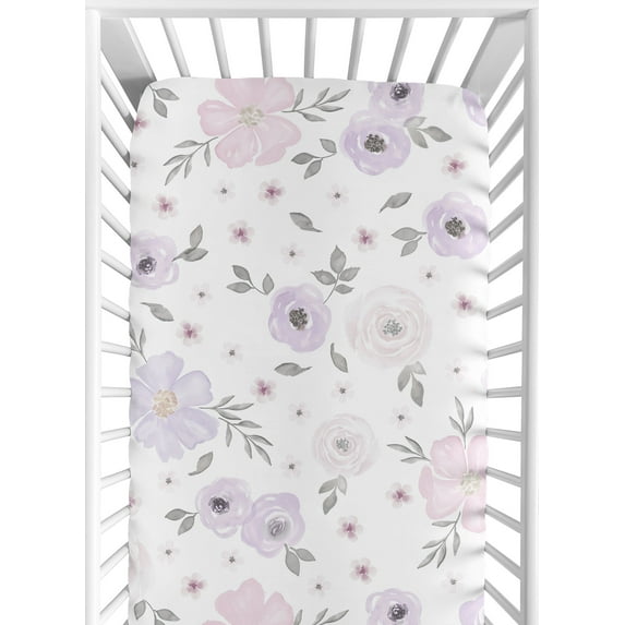 Sweet Jojo Designs Watercolor Floral Purple Pink and Grey Fitted Crib Sheet