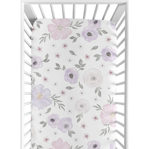 Sweet Jojo Designs Watercolor Floral Purple Pink and Grey Fitted Crib Sheet