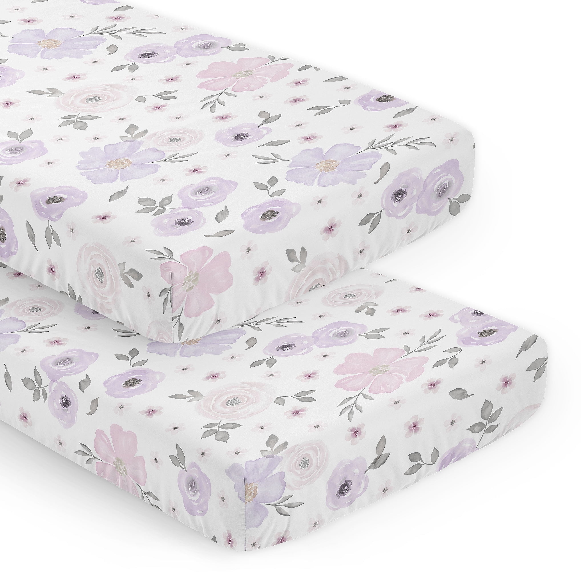 Sweet Jojo Designs Watercolor Floral Purple and Pink and Grey Fitted Crib Sheets 2 Piece Set
