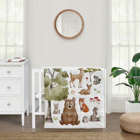 Sweet Jojo Designs Watercolor Woodland Forest Animals Boy Girl Gender Neutral Unisex Mini Crib Bedding Set 3 Piece