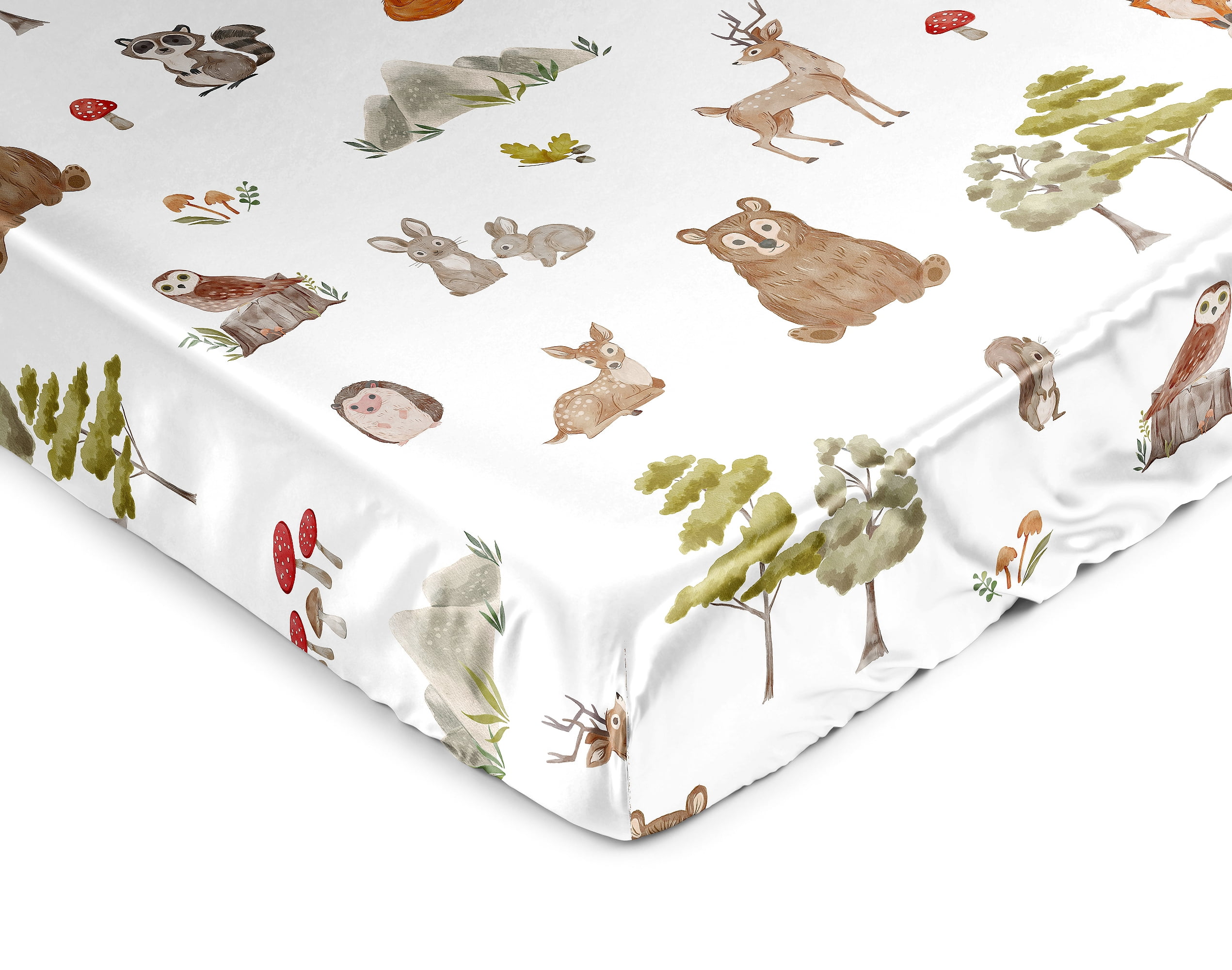 Sweet Jojo Designs Watercolor Woodland Forest Animals Boy Girl Gender Neutral Unisex Satin Fitted Crib Sheet