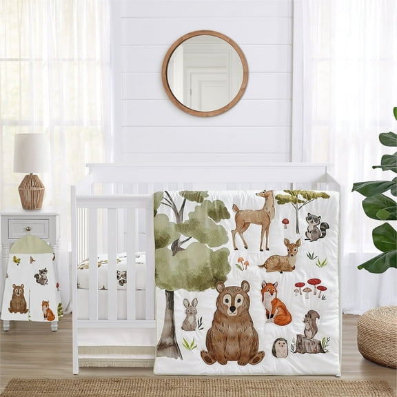 Sweet Jojo Designs Watercolor Woodland Forest Animals Green Brown White 4 Piece Crib Bedding Set