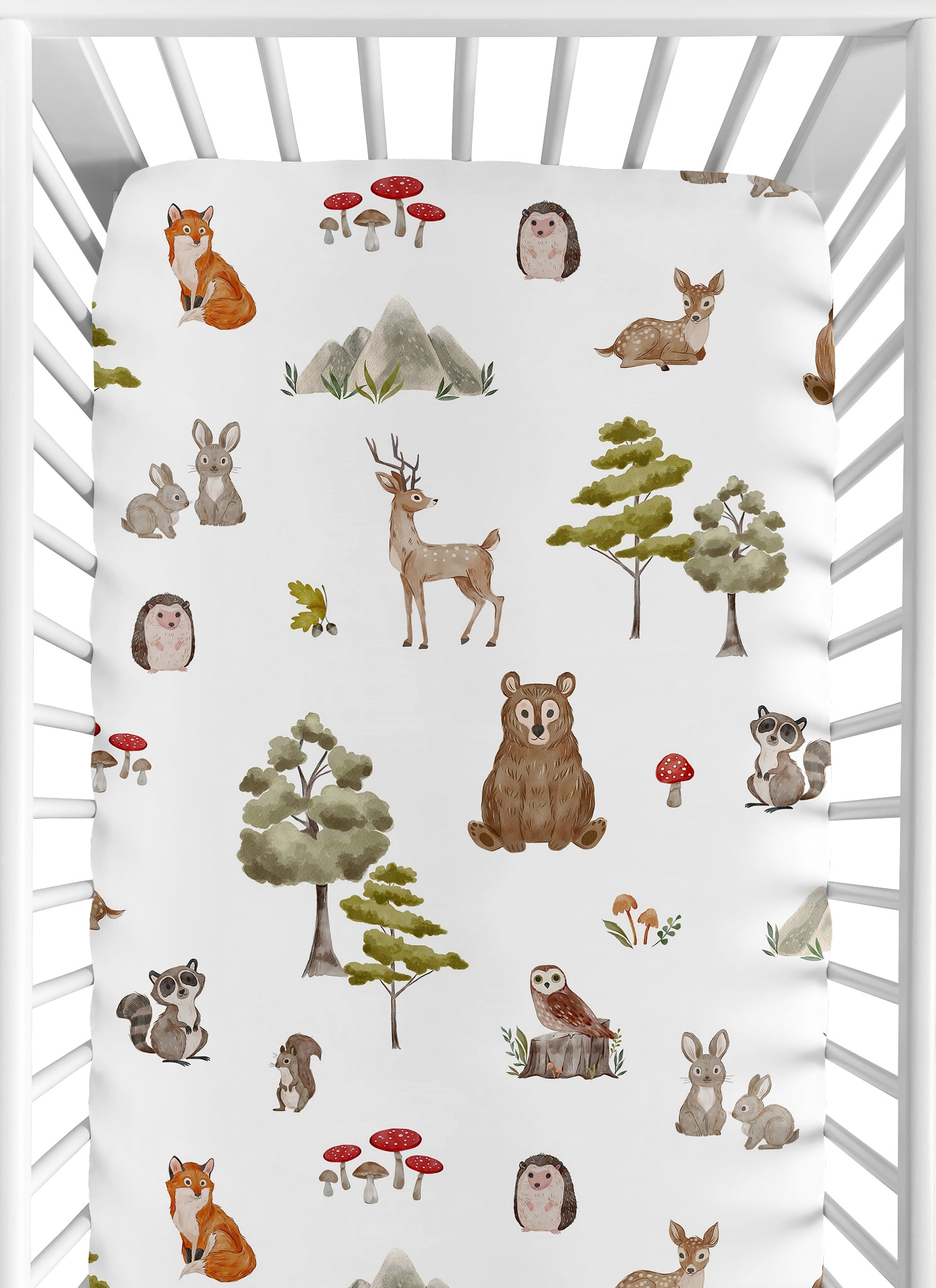 Sweet Jojo Designs Watercolor Woodland Forest Animals Green Brown White Fitted Crib Sheet