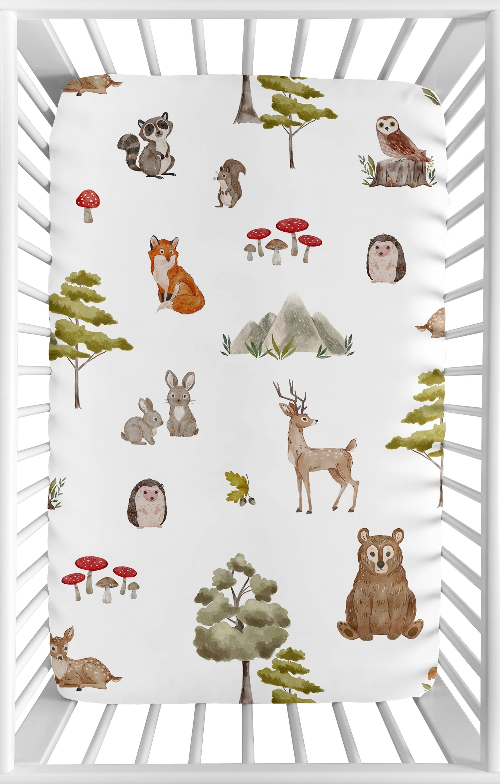 Sweet Jojo Designs Watercolor Woodland Forest Animals Green Brown White Mini Fitted Crib Sheet