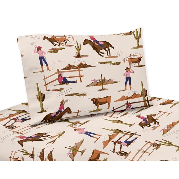 Sweet Jojo Designs Western Cowgirl Pink Brown Beige Blue 4 Piece Queen Size Sheet Set - 4 piece