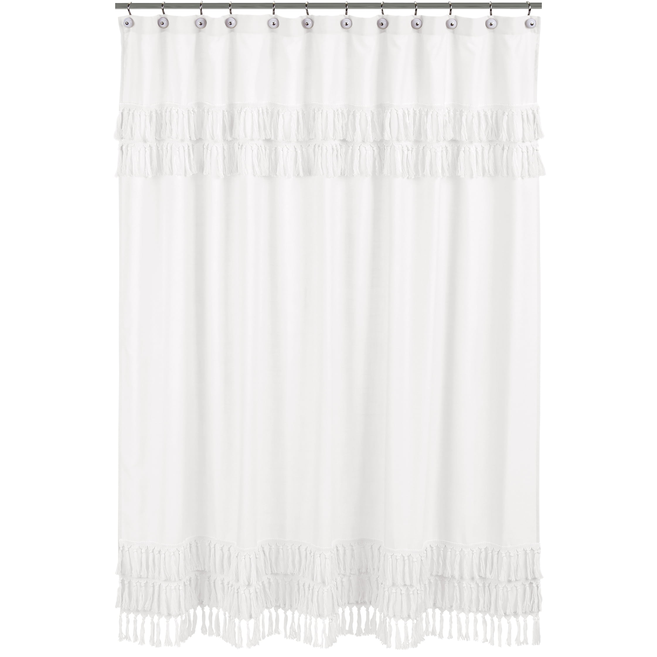 White Cotton Bohemian Shower Curtain with Tassel Trim