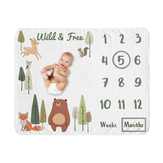 Sweet Jojo Designs Woodland Animal Pals Boy, Girl, Unisex/Gender Neutral Fleece Milestone Baby Blanket Set 3 Piece