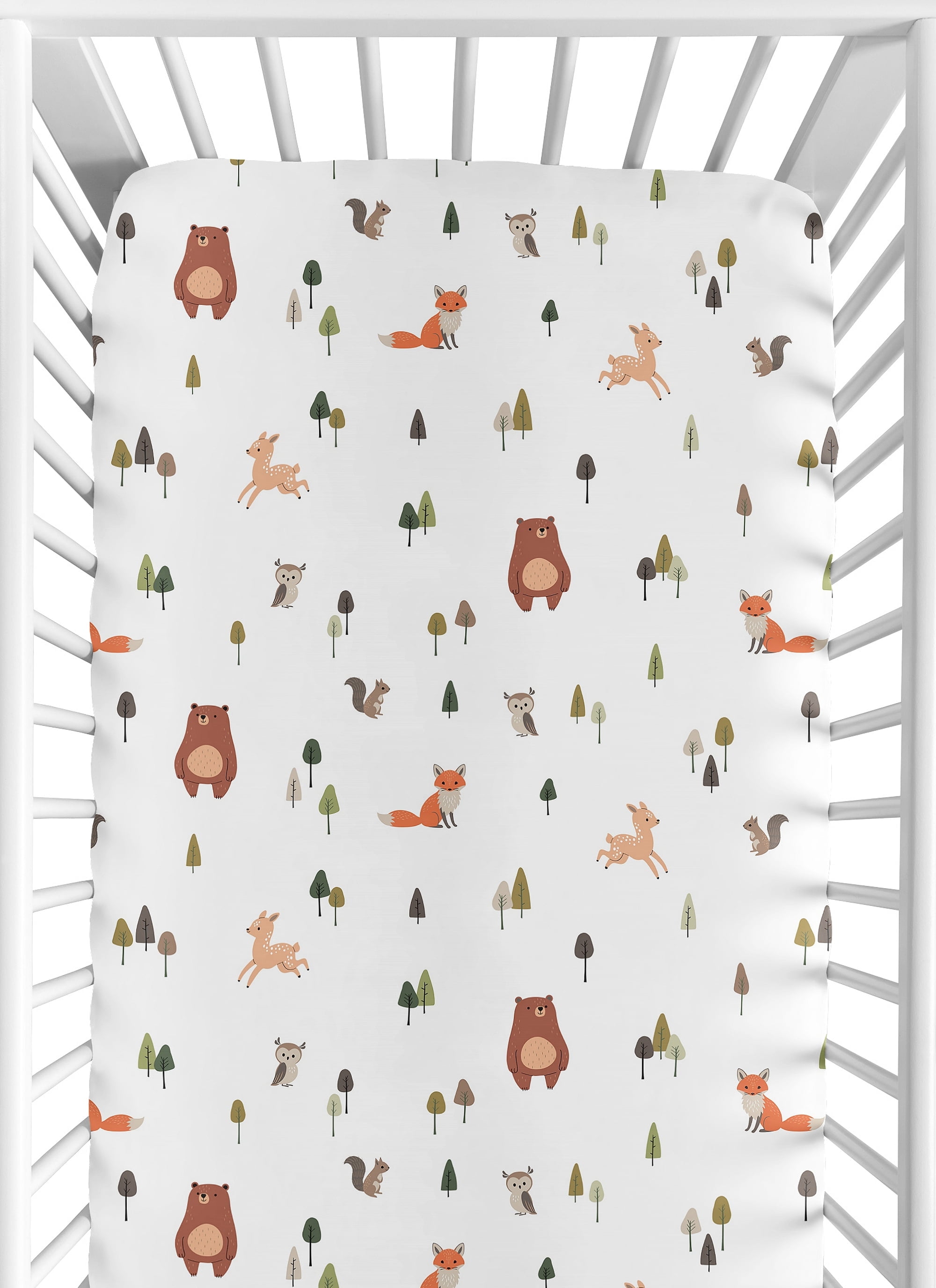 Sweet Jojo Designs Woodland Animal Pals Green Beige Brown Orange Fitted Crib Sheet