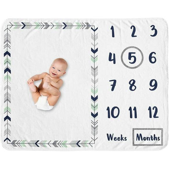 Sweet Jojo Designs Woodland Arrow Boy or Girl Milestone Blanket Monthly Newborn First Year Growth Mat Baby Shower Memory Keepsake Gift Picture - Grey Navy Blue and Mint Green Gender Neutral