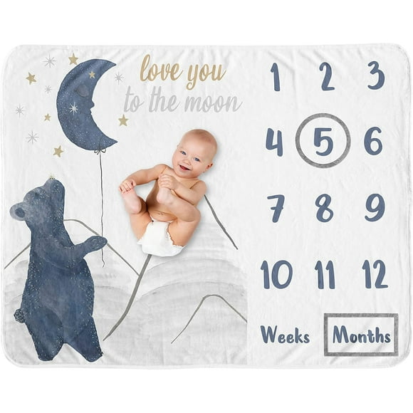Sweet Jojo Designs Woodland Bear Boy Girl Milestone Blanket Monthly Newborn First Year Growth Mat Baby Shower Memory Keepsake Gift Picture - Navy Blue Grey Gold Black Celestial Moon Star Watercolor