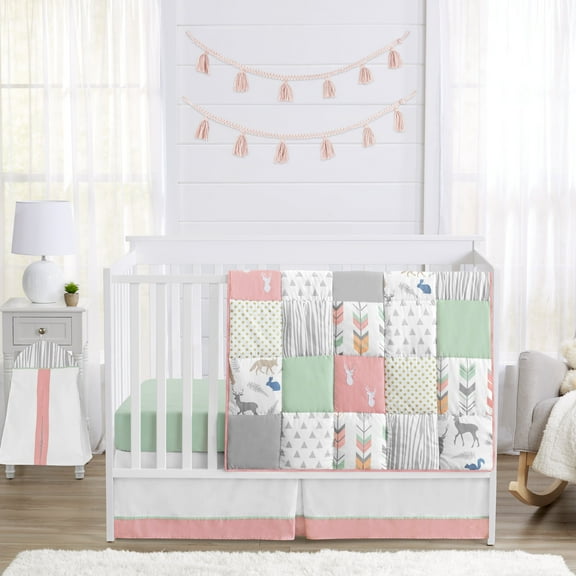 Sweet Jojo Designs Woodsy Coral Green and Grey 4 Piece Crib Bedding Set