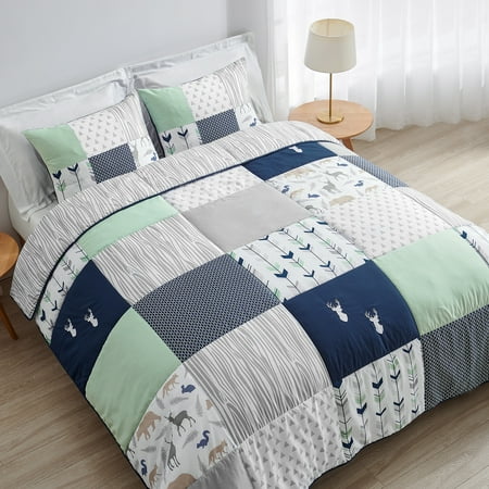 Sweet Jojo Designs Woodsy Navy Blue, Mint, Grey and White Full/Queen Bed Comforter 3 Piece Bedding Set - 3 Piece