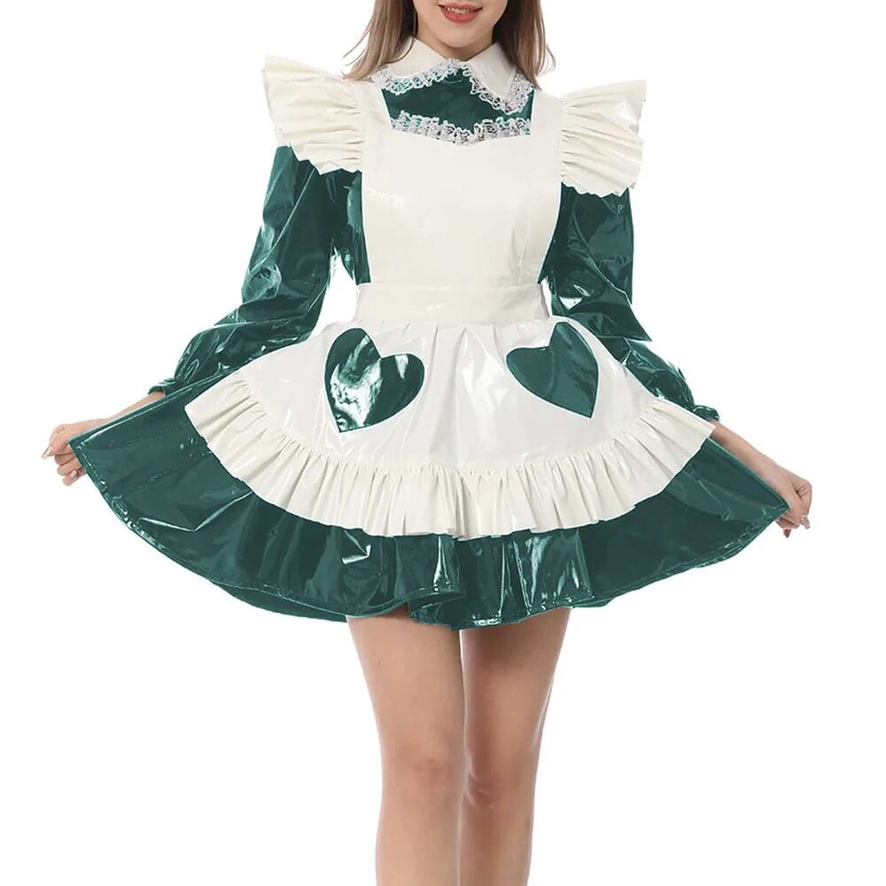 Sweet Kawaii Shiny Pvc Leather Peter Pan Collar Mini Maid Dress With