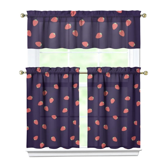 Sweet Kawaii Strawberry Curtains for Kitchen - 3 Piece Set with Valance, Semi-Sheer & Light Filtering