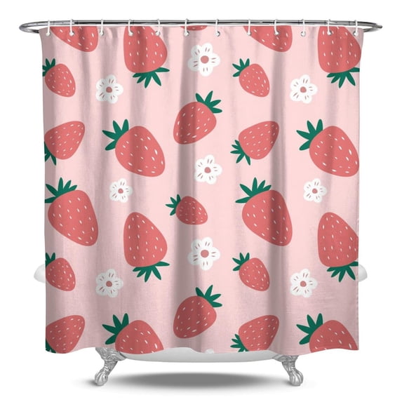 Sweet Kawaii Strawberry Shower Curtain Premium Fabric Machine Washable with 12 Included Hooks