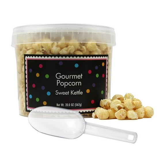 Sweet Kettle Popcorn Bucket with Scoop, 20 Ounce, White Popcorn Tub, Fresh Gourmet Popcorn, The Hampton Popcorn & Candy Company