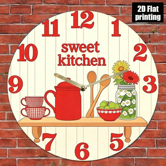 Sweet Kitchen Themed Round Wall Clock, Silent Non‑Ticking Retro Kitchen Decor Wall Clock, Farmhouse Cooking Utensil Floral Art Clock for Kitchen Dining Room