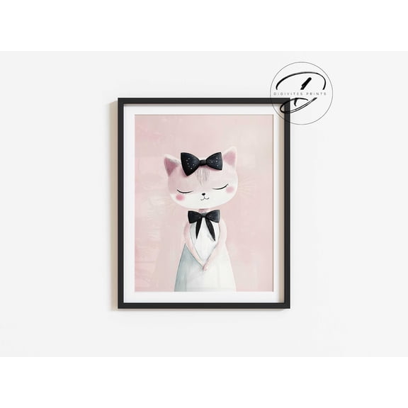 Cute Cat Wall Art , Girls Room Decor, Blush Pink Nursery Print, Kitten Illustration With Bow, Animal Nursery Art, Home Decor #831, Unframed Poster Size 8x12