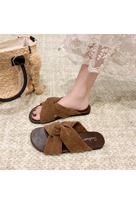 Sweet Knot Cross Strap Slide Sandals Hand-Stitched Edge Lightweight Daily Walking Matching Dress Trainers