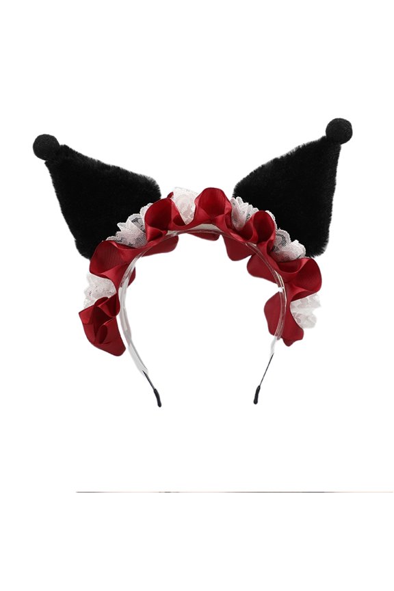Sweet Lace Cute Cat Plush Ear Hair Band for Women Girls Cosplay Bowknot Animal Hairpin Ruffles Fox Ear Headband Maid Lolita Accessories--red
