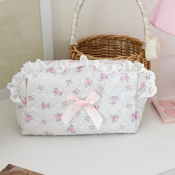 Sweet Lace Floral Cosmetic Bag, Cottagecore Ruffle Lace Makeup Pouch, Portable Large Capacity Travel Toiletry & Stationery Storage Bag(Pink)