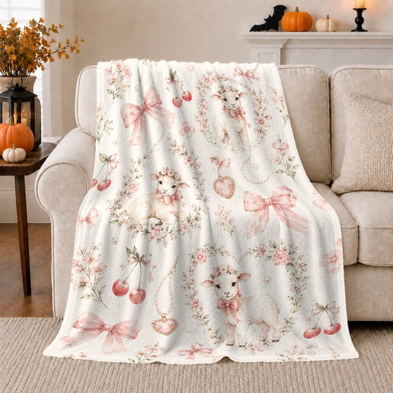 Sweet Lambs Pink Florals bedroom, Playful Botanical Garden Scene, Warm Flannel Blanket for Sunroom and Reading Nook, Garden Lovers Valentine's Day Gift, Artistic Home Decor