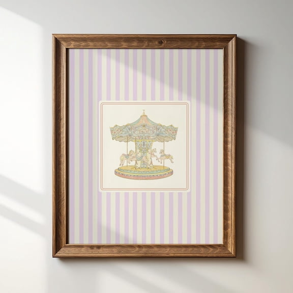 Sweet Lavender Striped Vintage Carousel Art Print, Vertical, Instant Nursery Illustration Wall Art, Modern Wall Decor For Living Room, 8x12 UNFRAMED