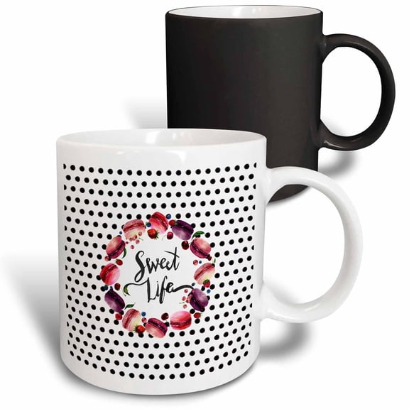 3drose, Sweet Life - Polka Dot Pattern with Macarons Wreath and Typography, 11oz Magic Transforming Mug