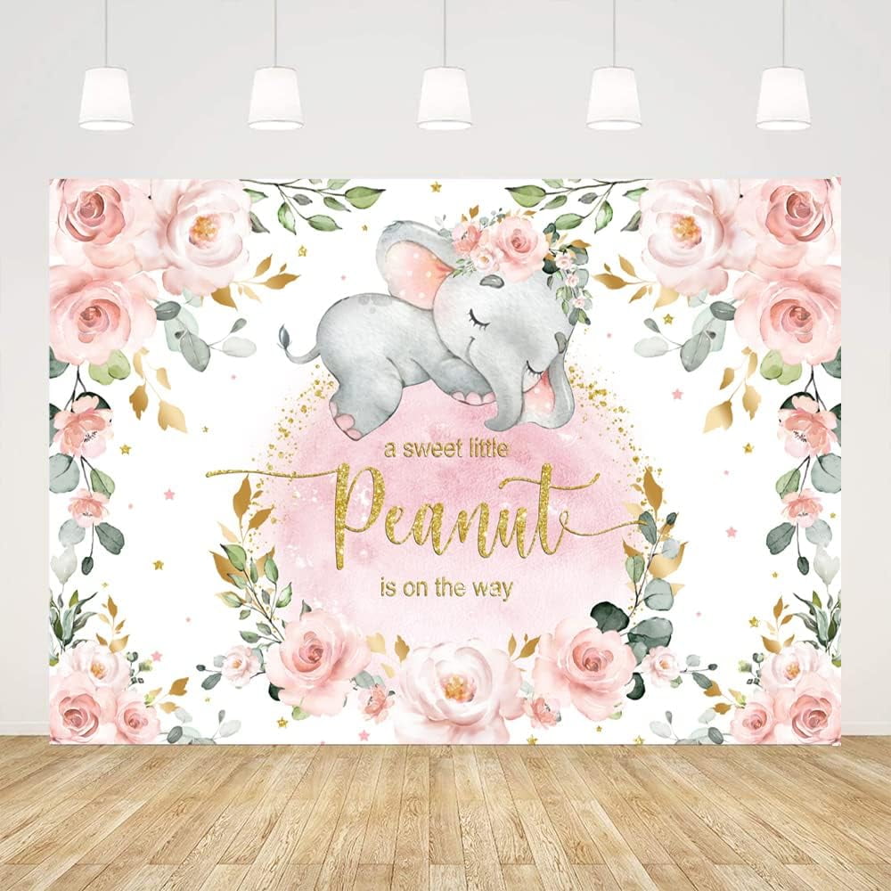 Mocsicka Baby Girl Elephant Baby Shower Backdrop - 10x8ft Pink Floral & Elephant Photography Background For Parties
