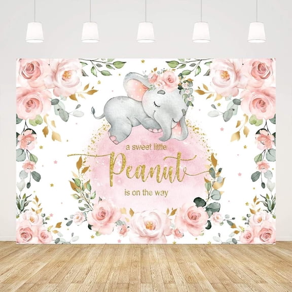 A Sweet Little Peanut is On The Way Pink Moon Baby Shower Backdrop for Girls Pink Flowers Elephant Babyshower Backdrops for Photography Giils Gender Reveal Party Favors